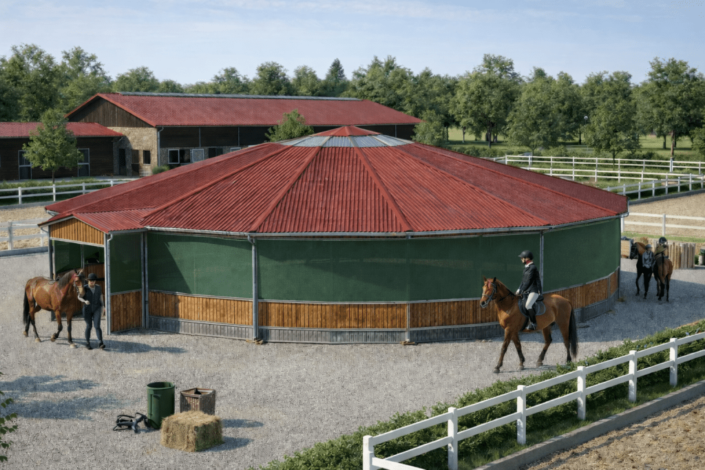 Überdachte Longierhalle mit Holzbanden und Stahlkonstruktion